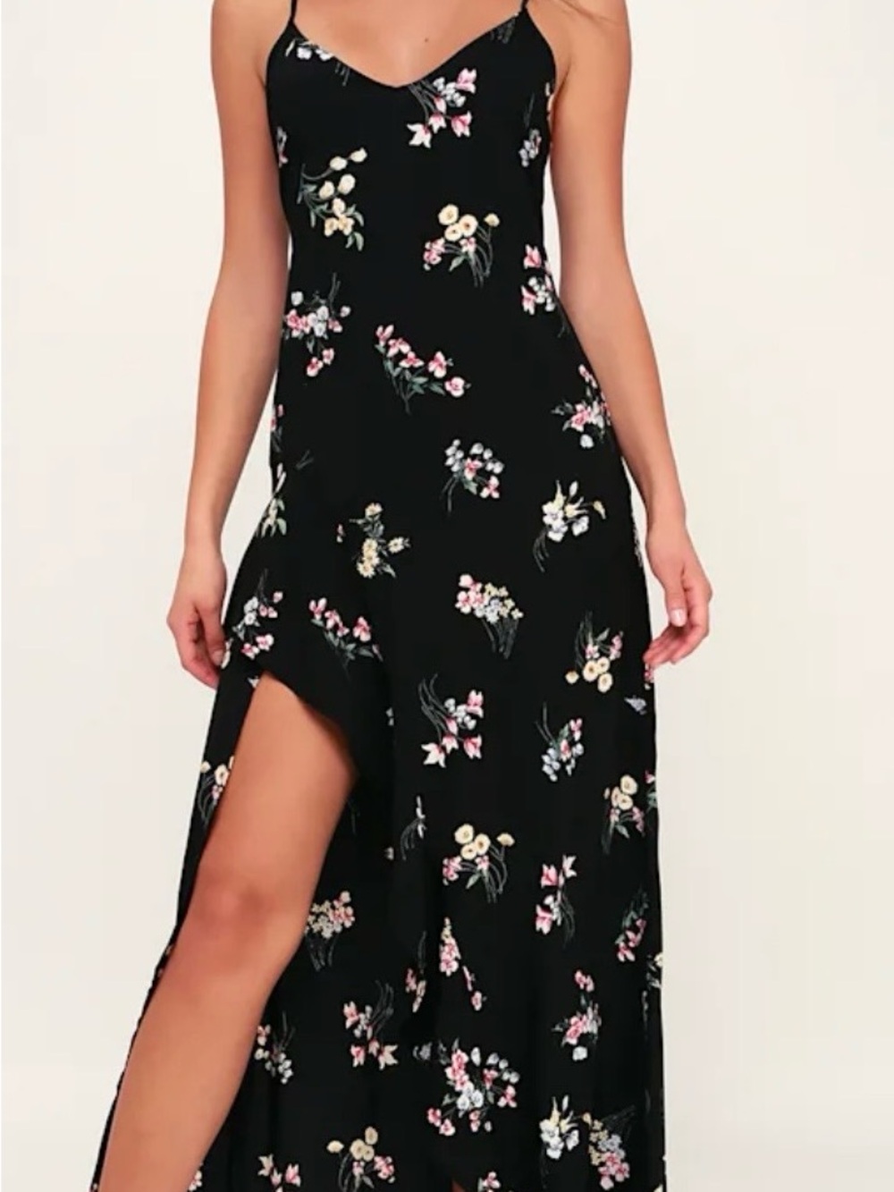 Lush Black Floral Slip Dress with Pink & Cream Blooms and ruffled slit